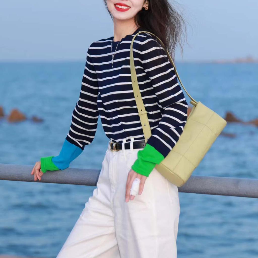 Thickened Skin-Friendly Age-Reducing Colorblock Cuffs Striped Knit Sweater - Xiaohongshu Style Long-Sleeve Base Layer for Autumn/Winter