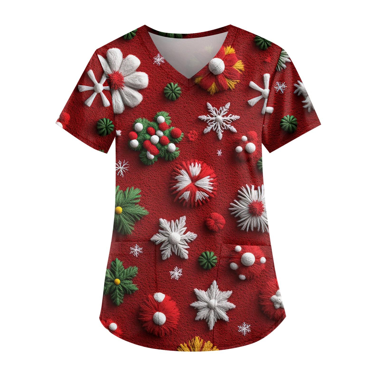 

Робоча уніформа з друкованим малюнком великого розміру Топи для жінок з V-подібним вирізом і короткими рукавами Веселі футболки Робочий одяг Футболка з кишенями L