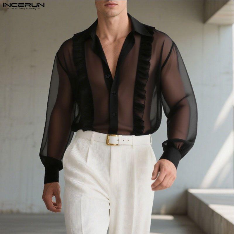 INCERUN Oversized Men Lapel Neck Long Sleeve Ruffled See Through Transparent Party Club Loose Shirts