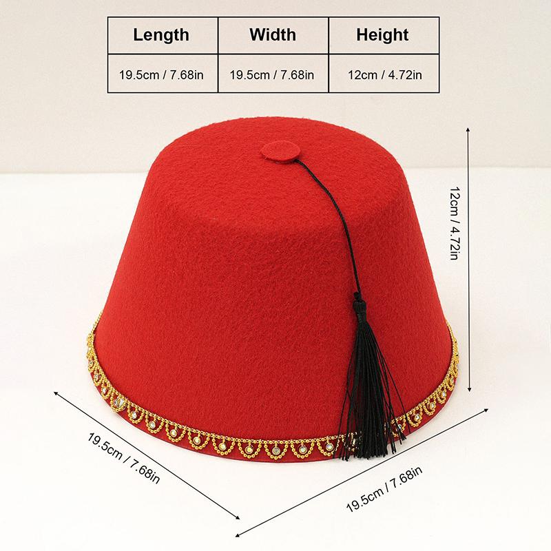 Breathable Moroccan Fez Hat Red Felt Turkish Tassel Cap Universal Tarboosh Fez for Cosplay Stage Party Cultural Festival
