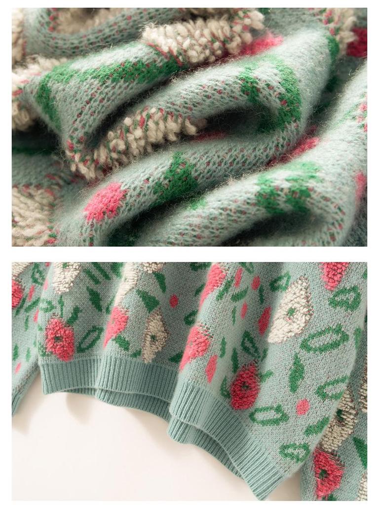 Cashmere Peach Blossom Jacquard Heavy Brushed Sweater, Round Neck, Loose Fit, Thick Wool.