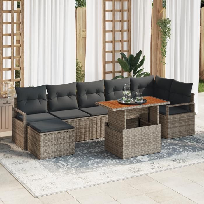 Ensemble de canapés de jardin 8 pièces avec coussins gris en rattan poly acacia, Canapé de jardin 2 places avec coussins 3349740