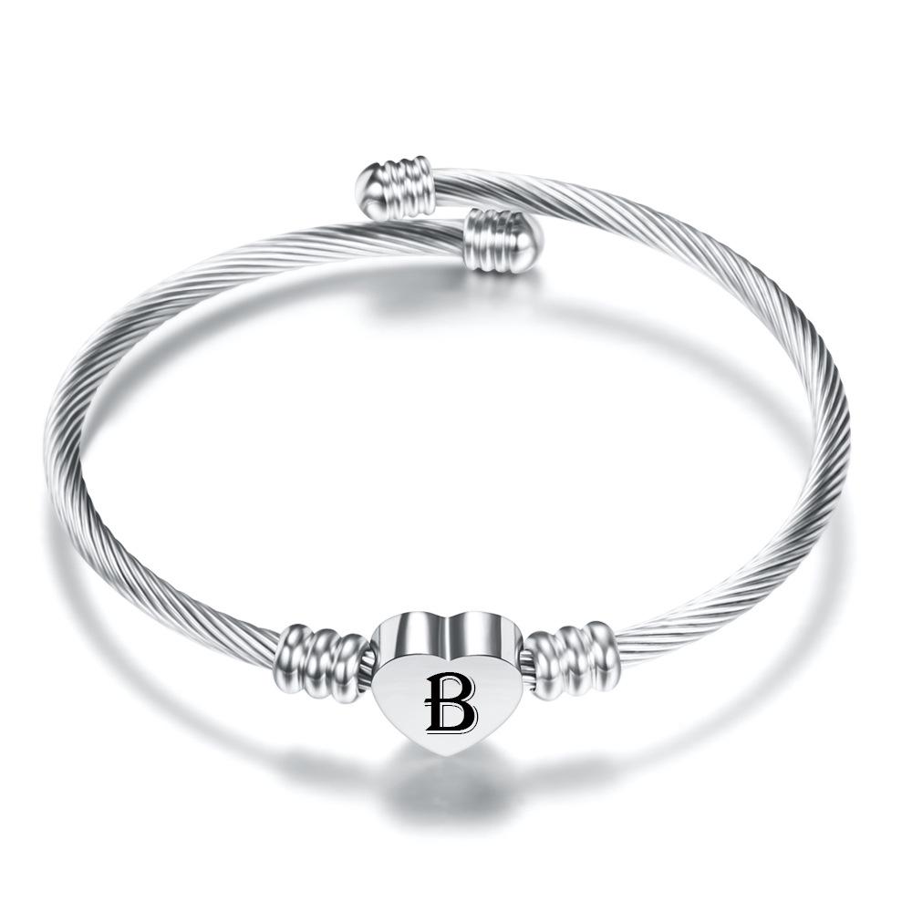 Popular European and American Heart-Shaped Bracelet with 26 Letters and Dice Font In Stainless Steel Wire.