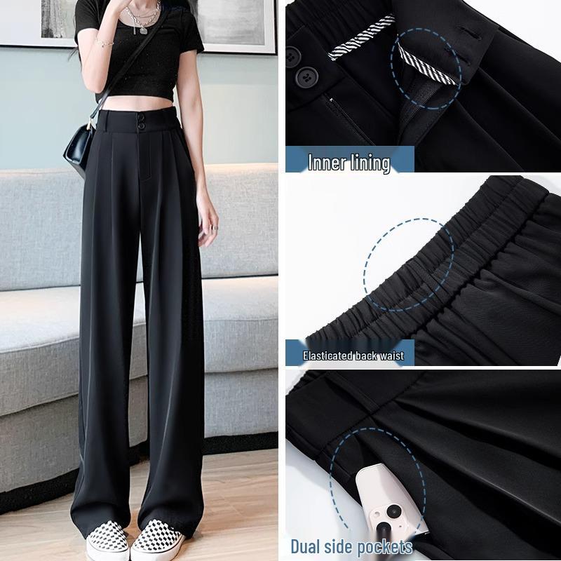 Women's High Waist Black Suit Pants - 2025 Summer Collection, Petite Wide Leg, Draped Straight Trousers