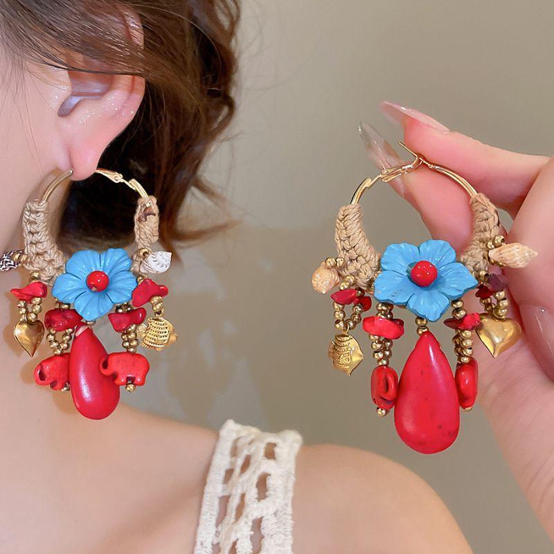 

Ретро Серьги-пусеты Красный Анкор с геометрическим цветком - Высококлассные, Модные, Универсальные для женщин