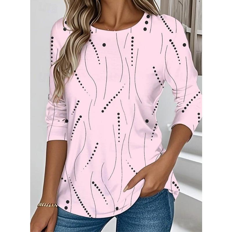 Striped Checkered Printed Pattern Women's Long Sleeved T-shirt, Winter Warm T-shirt Top, Fashionable Casual T-shirt, Must-have Top for Parties