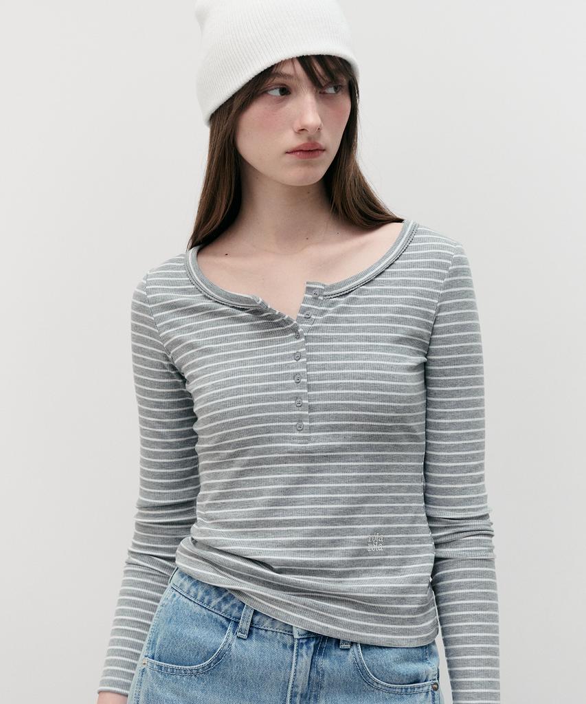 ROLAROLA Nubasic Lace Button Stripe T-Shirt Gray
