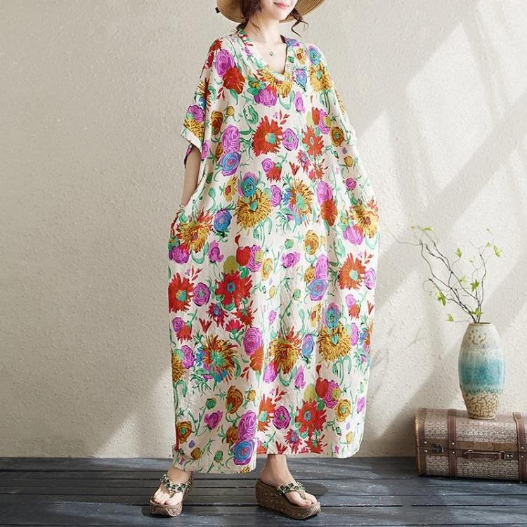 Vintage Floral Summer Dress Long Maxi Casual Loose Dresses for Women Plus Size Cotton Short Sleeve New In
