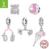 Pink Sports Series S925 Sterling Silver Pendant Accessories, Pink Girls Heart Tennis Volleyball Diy Beads