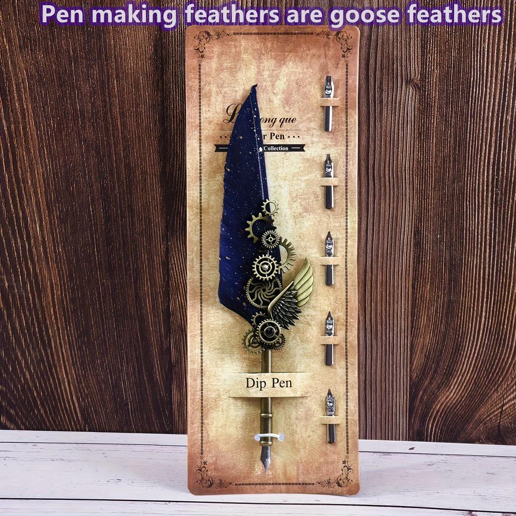 Ambidextrous Mechanical Calligraphy Pen with 5 Personalized Metal Tips, Medium Point, Round Body, Decorative European Retro Feather Quill for Beginner