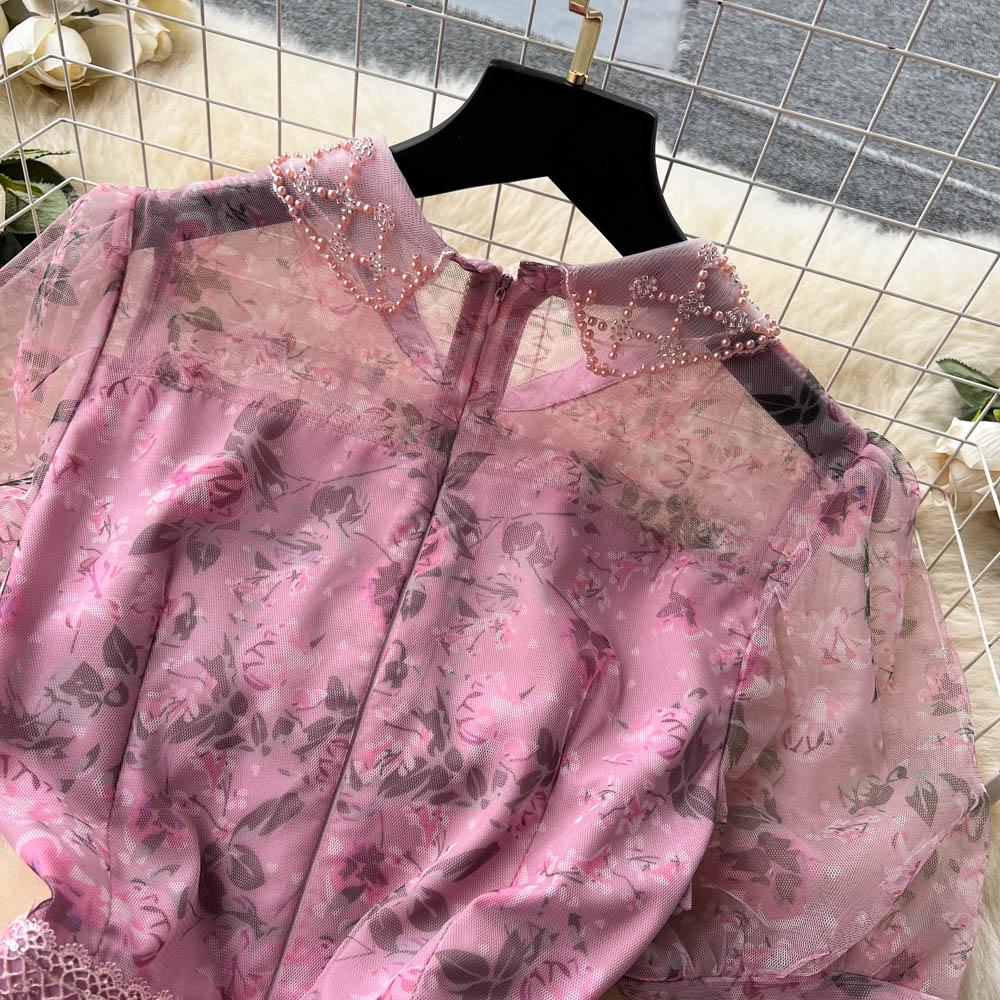 Été doux filles perles perles broderie robe de fleur femmes manches bouffantes impression maille dentelle couche gâteau en cascade robe de bal robes de soirée