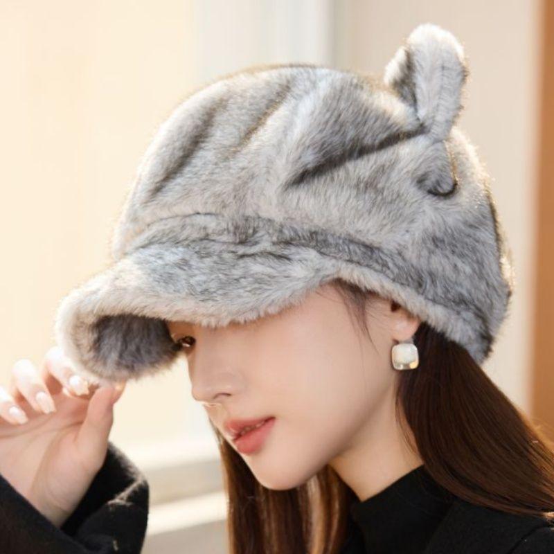 New Style Rabbit Fur Octagonal Hat Women's Fashionable Plush Hat Cat Ear Thermal Cap Wide-Circumference Head Wrap
