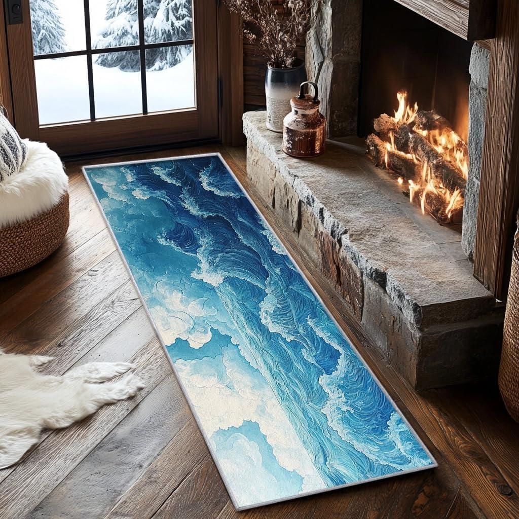 3D Ozeanwirbel Meereswelle Läuferteppich Naturstil Dekor Indoor Langer Flur Teppich Rutschfest Wohnzimmer Schlafzimmer Heimdeko Matte