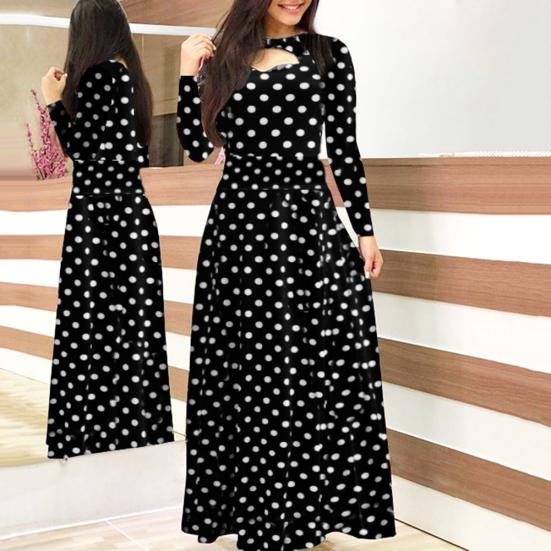 Women Sexy Long Sleeve Floral Print Waist Tight Large Swing Full-length Dress