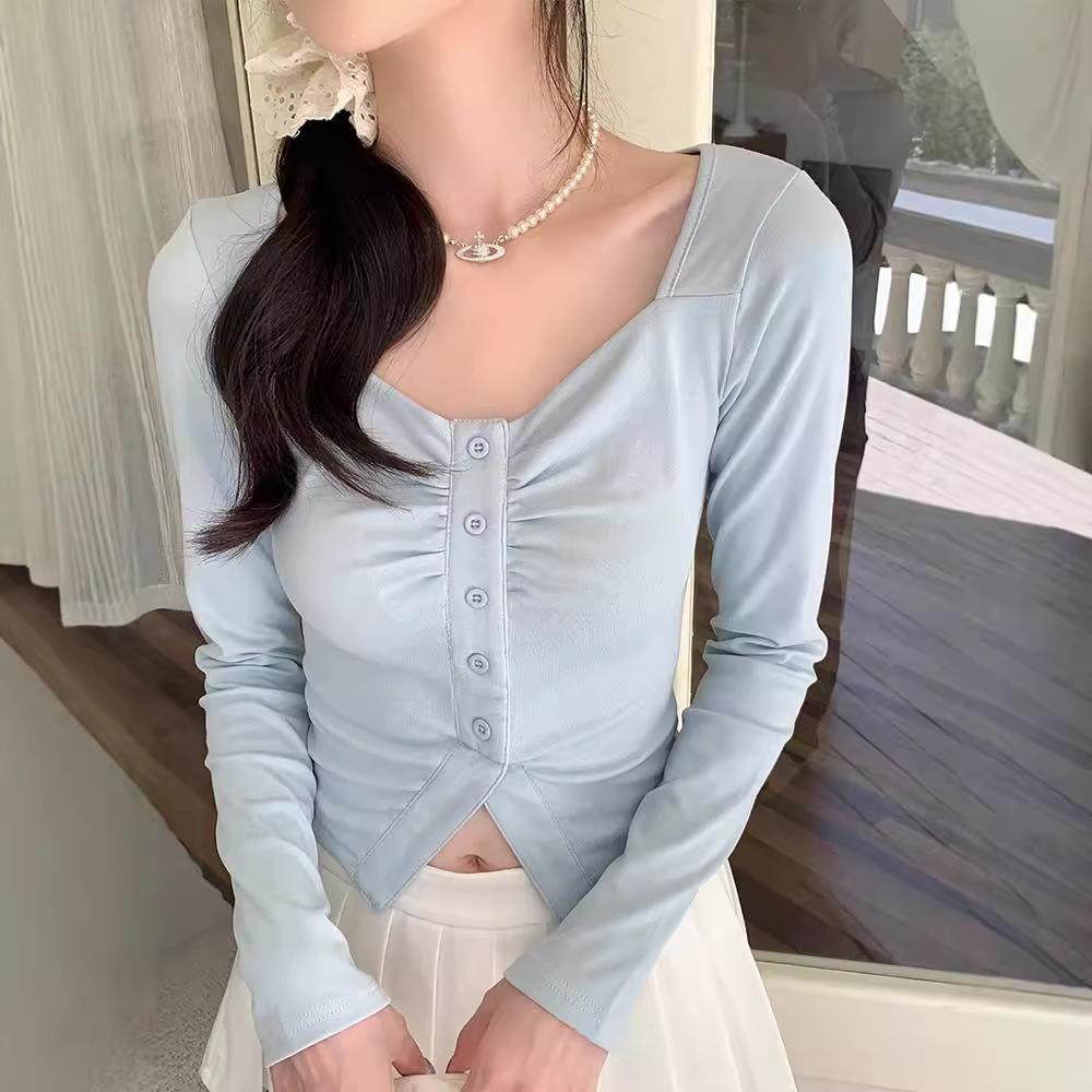 Stylish high-end sense irregular tight and thin short Spice girl big neckline long sleeve women's autumn versatile