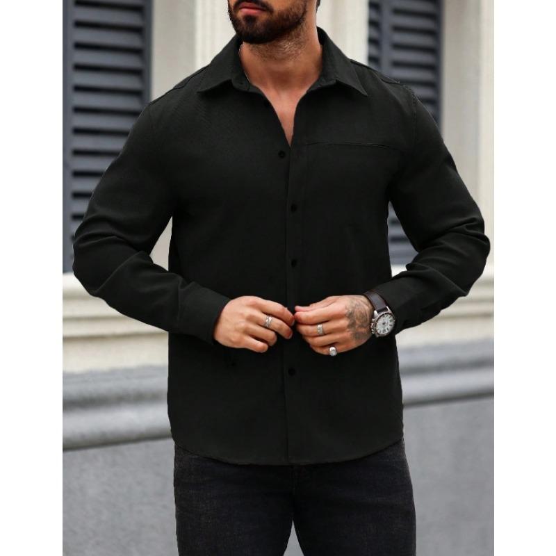 Men European American Solid Color Button Down Long Sleeve Casual Shirt With Pocket