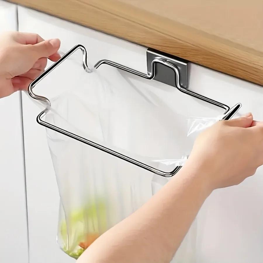 1PCS Stainless Steel Trash Rack, Closet Cabinet Door Trash Bag Holder, Kitchen Accessories,