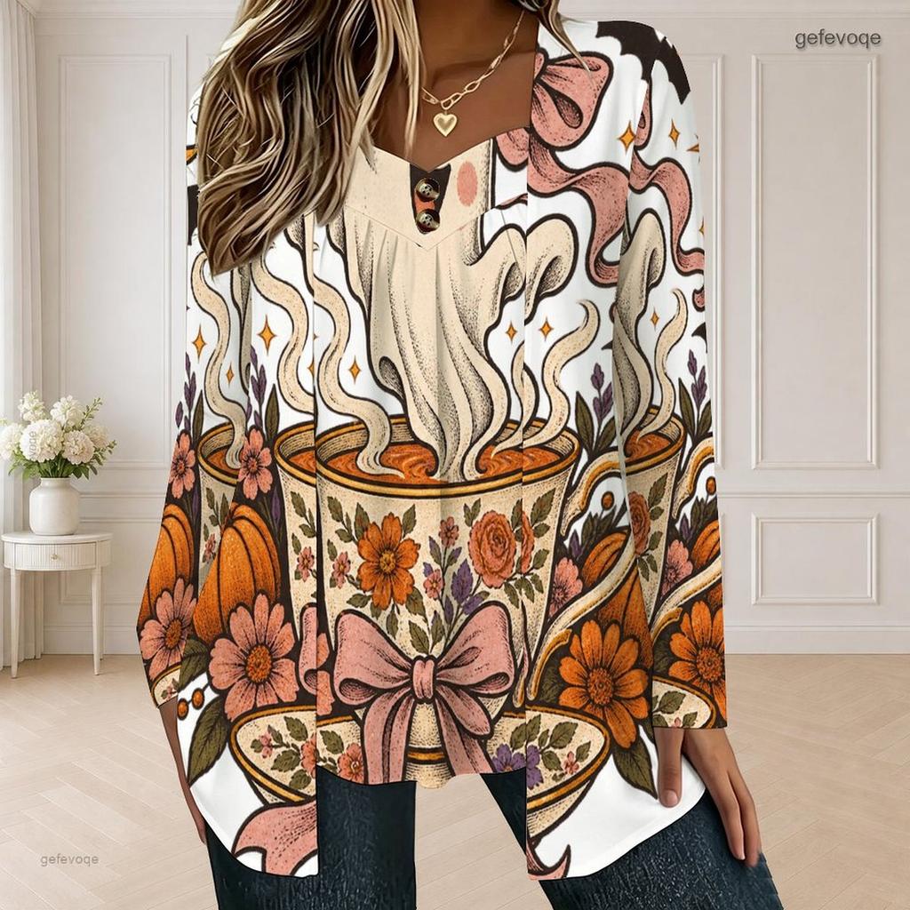 Women Plus Size Faux Two Piece Square Neck Long Sleeve Halloween Ghost Pumpkin Printed White T Shirt