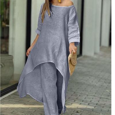 New Arrival Summer Women's Cotton and Linen Fashion Casual Large Size Irregular Long-sleeved Suit Wide-leg Pants Two-piece Suit