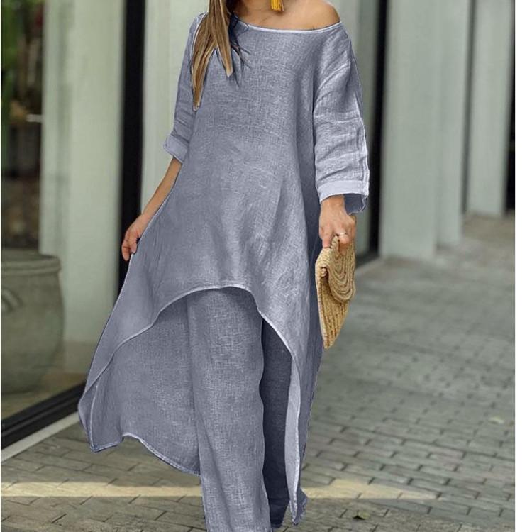 Summer Women Fashion Casual Cotton Linen Suit Irregular Long Sleeve Wide Leg Pants Two-piece Suit Plus Size