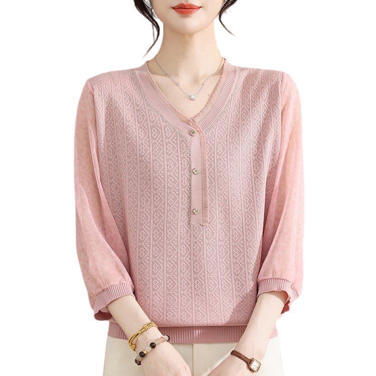 Chic V-Neck Hollow Knit T-Shirt for Middle-Aged Women - Loose, Comfortable Casual Top