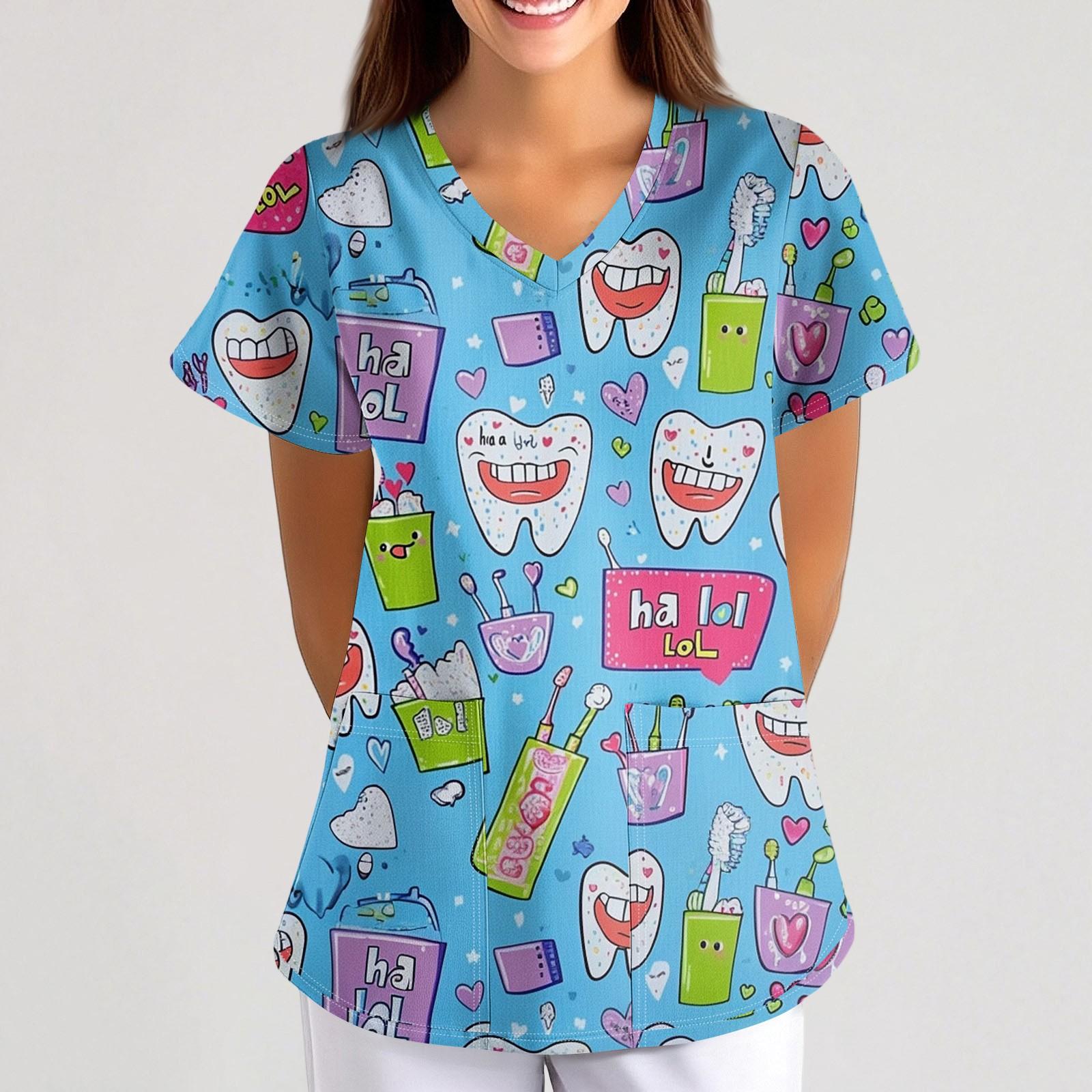 

Робоча уніформа з друкованим малюнком великого розміру Топи для жінок з хрестовим V-подібним вирізом Хеллоуїн з принтом з короткими рукавами Веселі футболки Робочий одяг Футболка з кишенями XXXXXL синій