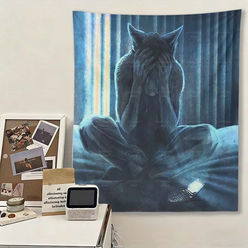 

Lonely White Wolf Sitting Meme Tapestry Werewolf Wall Hanging for Bedroom Home Room Decor 74x94cm(29x37in)