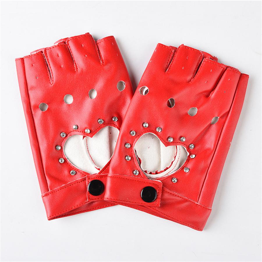 Women Heart Cutout Rhinestone Fingerless Gloves, Punk Faux Leather Half Finger Gloves for Dancing, Cosplay, Biking, Party, Performance