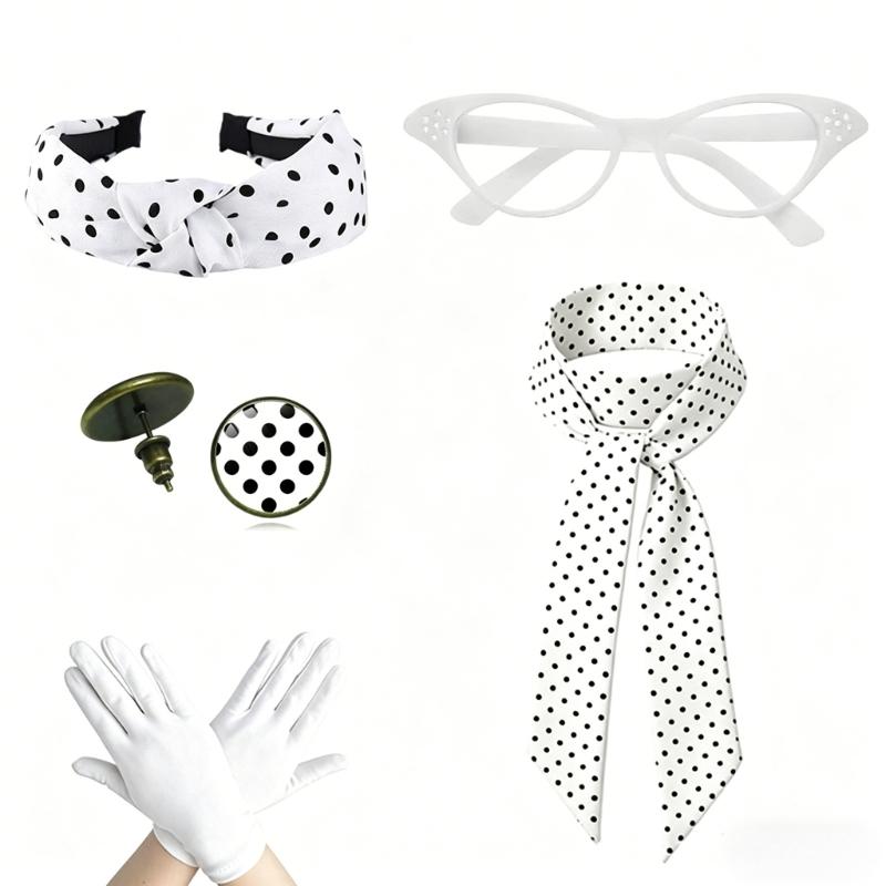 1950S Costume Accessories 50S Scarf,Cats Eye Glasses,Headband,Dot Earrings Halloween Cosplay Costumes