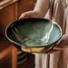 Retro Dark Green Ice Crack Glaze Ceramic Bowl Open Bowl Home Restaurant Vegetable Bowl Salad Bowl Special-Shaped Large Bowl Tableware
