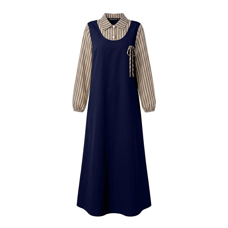 ZANZEA Women Casual Turn Down Collar Long Sleeve Stripe Patchwork Vintage Long Dress 2XL хаки