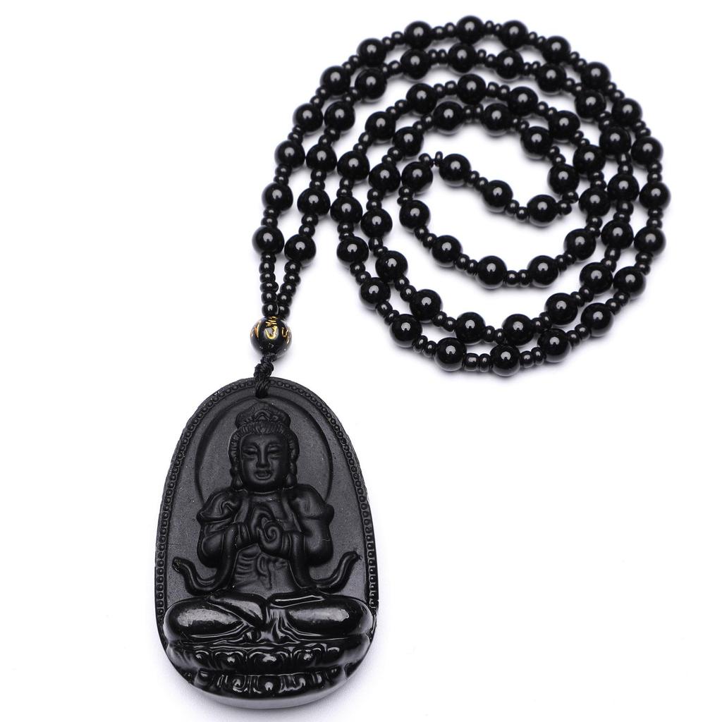 12 Zodiac Guardian Gods Black Obsidian Necklace with Guanyin Pendant