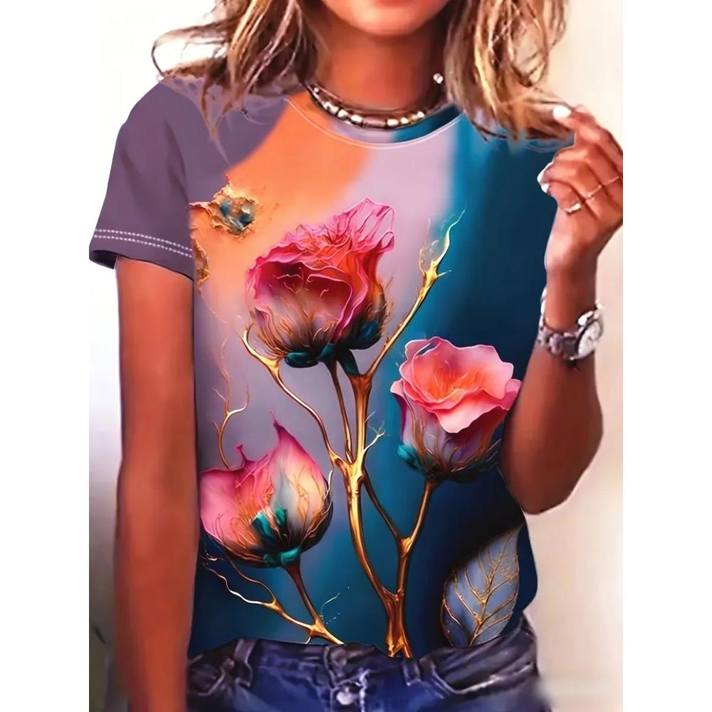 Fashion Women's Flower Printed T-Shirt Casual Simple Short Sleeve Daily Comfort T-Shirts Women’s