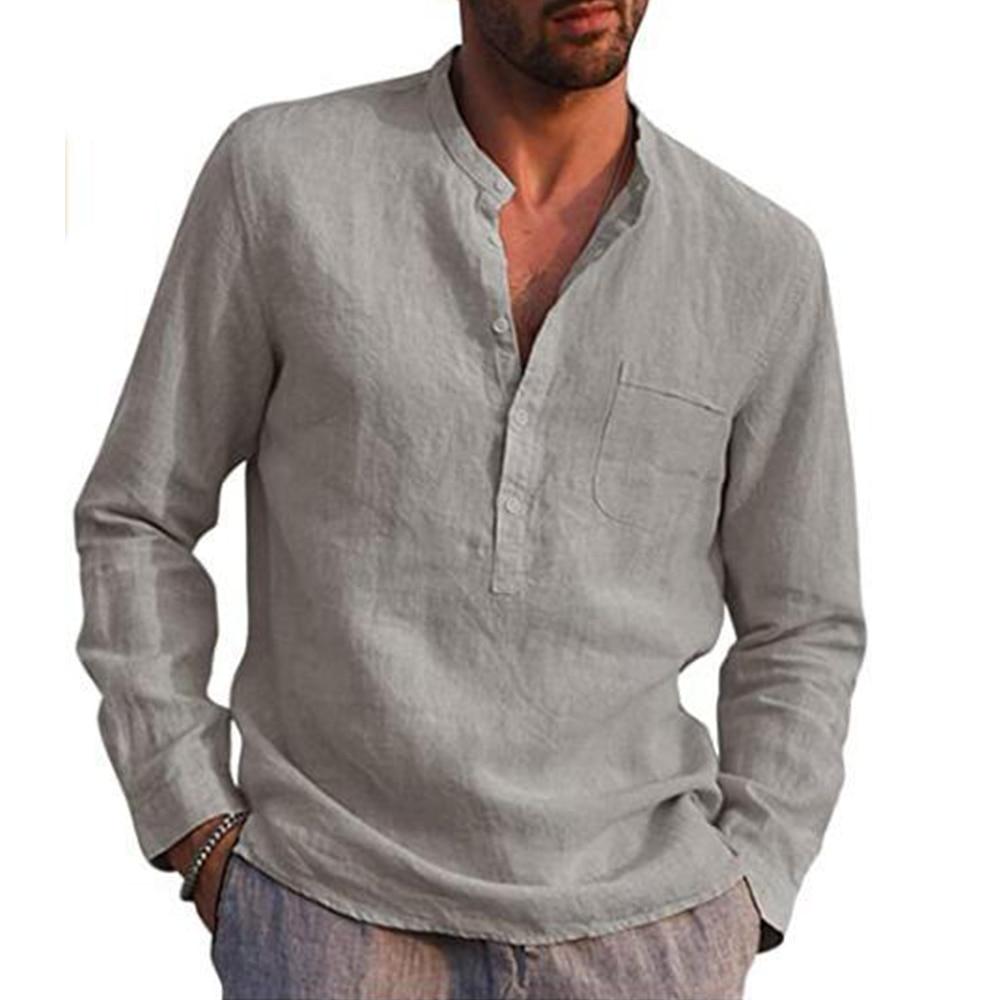 Cotton Linen Men's Long-Sleeved Shirts Summer Solid Color  Stand-Up Collar Casual Beach Style Plus Size