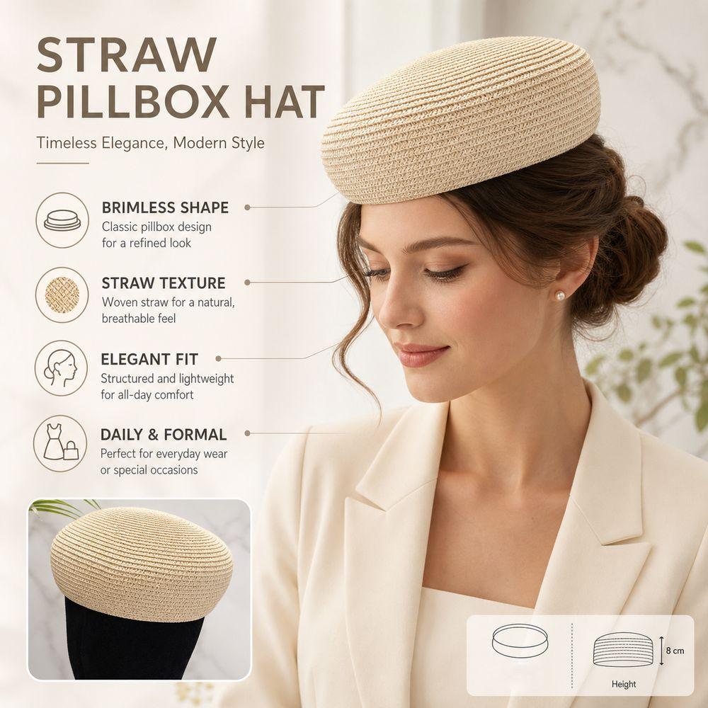 Structured Crown Women's Straw Pillbox Hat Round Shape Round Dress Hat Formal Occasions
