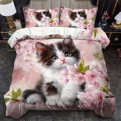 Katzen-Bettwäsche-Set Tierische Bettbezug-Garnitur Cartoon-Deckenbezug Schlafzimmer-Dekoration Gästezimmer 2/3 Stück 2D Rosa Flachdruck