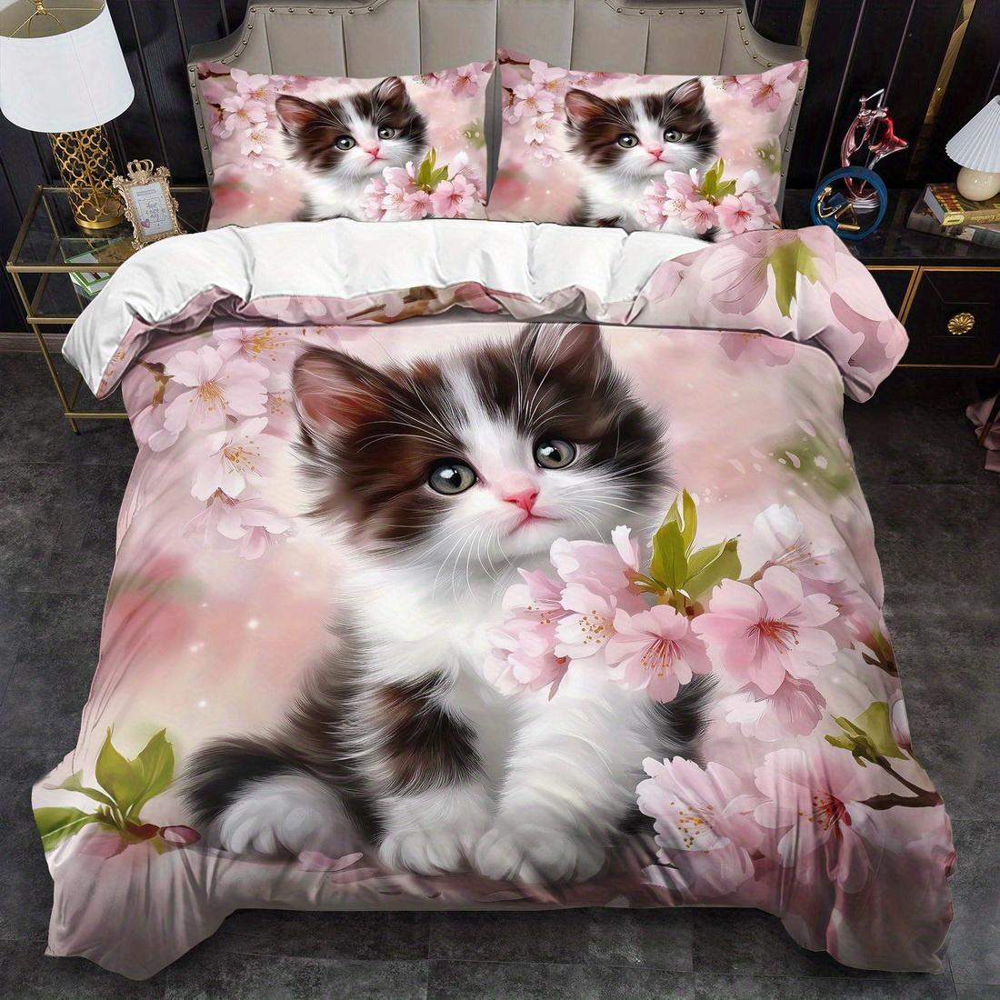 

Cat Bedding Set Animal Duvet Cover Set Cartoon Comforter Cover Bedroom Decor Guest Room 2/3pcs 2D Pink Flat Printing Duvet Cover Set&EU Single(135x200cm)