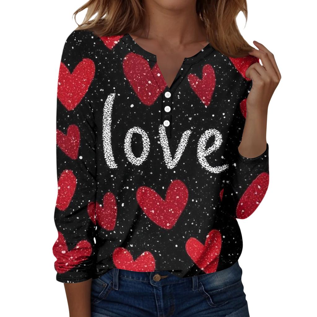 Damen T-Shirt mit Weihnachtsdruck, Knopfleiste, lange Ärmel, für den Alltag, Wochenende, modisch, Basic, V-Ausschnitt, normales Oberteil