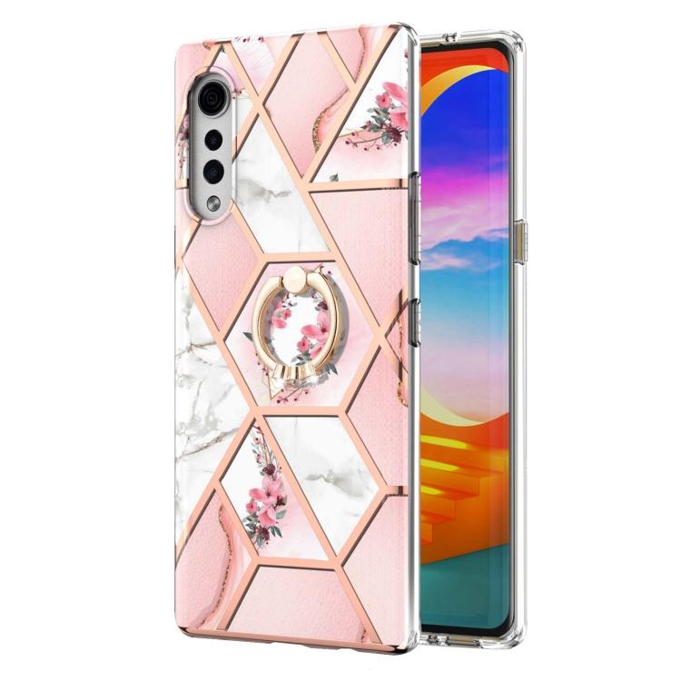 Für LG Velvet 5G Galvanisiertes Spleißmuster Marmorblume TPU Stoßfeste Hülle mit Strass-Ringhalter