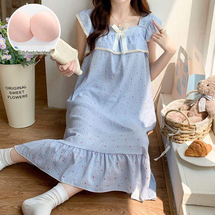 Women's Summer Woven Cotton Camisole Nightgown with Built-in Bra - Princess Style Loungewear & Outdoor Mid-Length Skirt