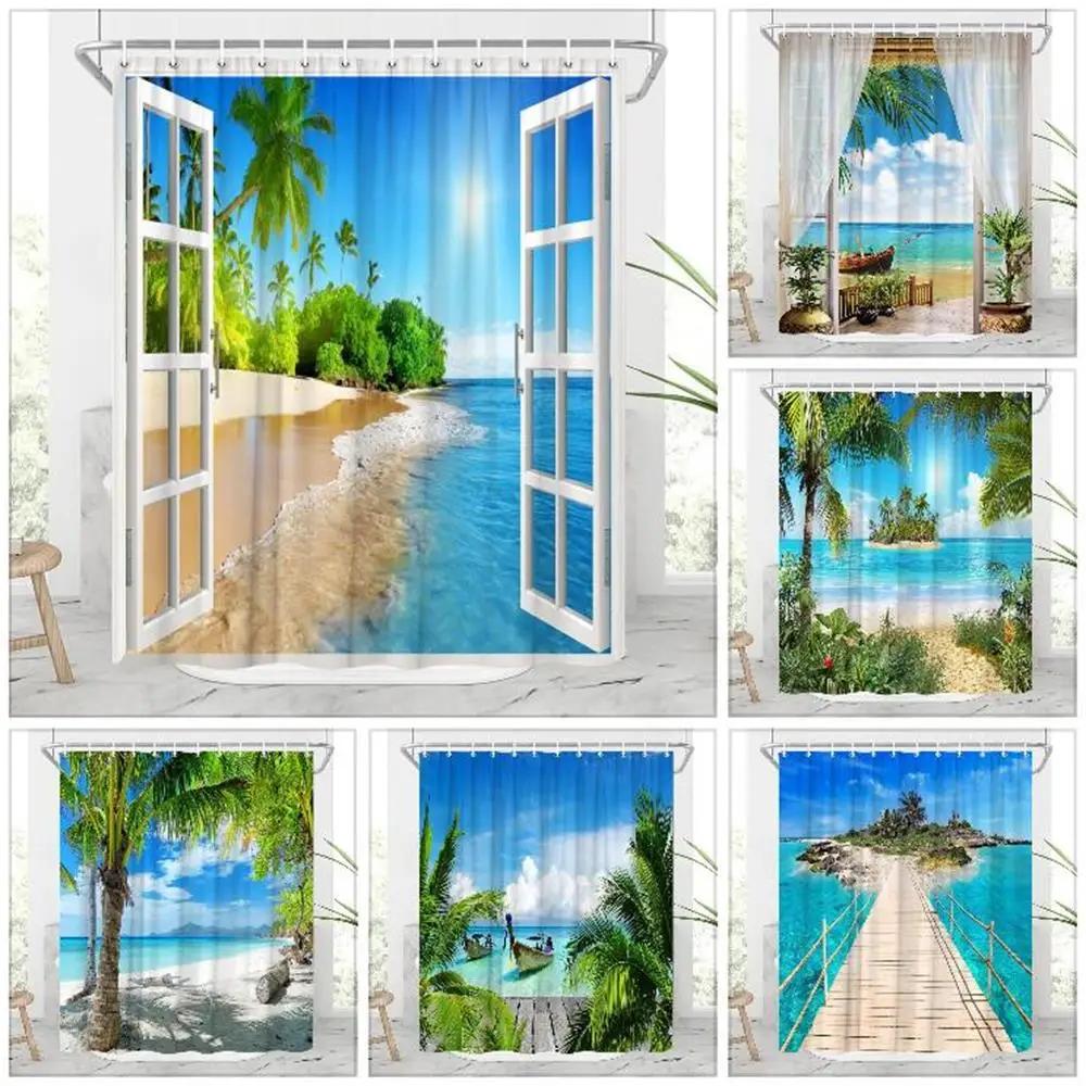 Textile Article Light Seaside Landscape Outdoor Shower Curtain Ocean Beach Tropical Plants Nature Landscape Faux Window Hanging Curtain Bathroom Decor