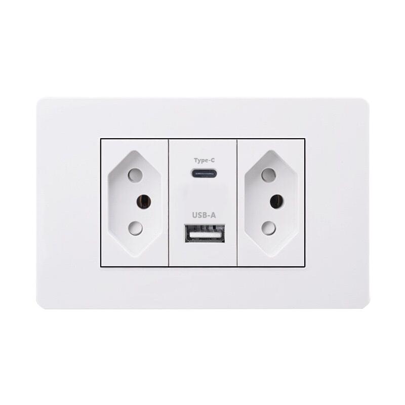 Brazil Standard 20A Wall Power Socket PD 3.0 20W Type-C Dual USB Fast Charge Outlet 118*75mm Flame retardant PC panel Usb Socket