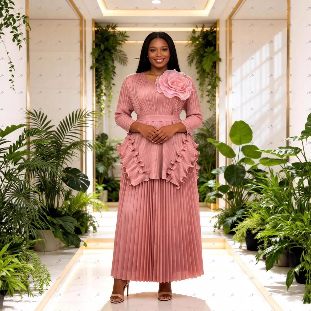 Miyake Plus Size African-Inspired Pleated Ruffle Irregular Two-Piece Set - Women's Fashion