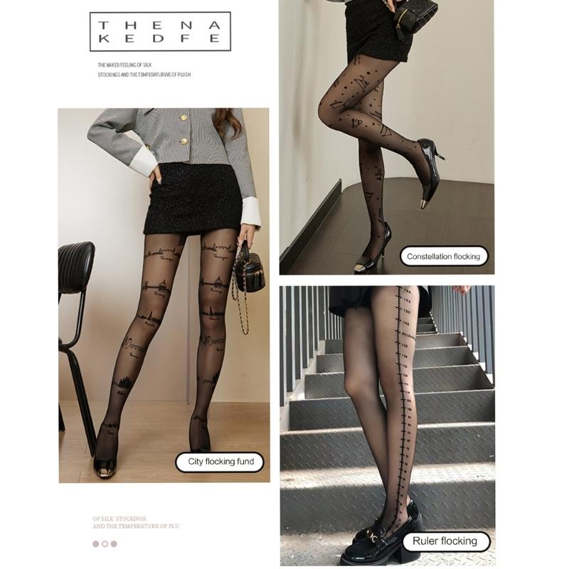 Women Spring Thin Sheer Silky Tights Harajuku Ruler City Constellation Flocking Patterned See Through Pantyhose Stocking