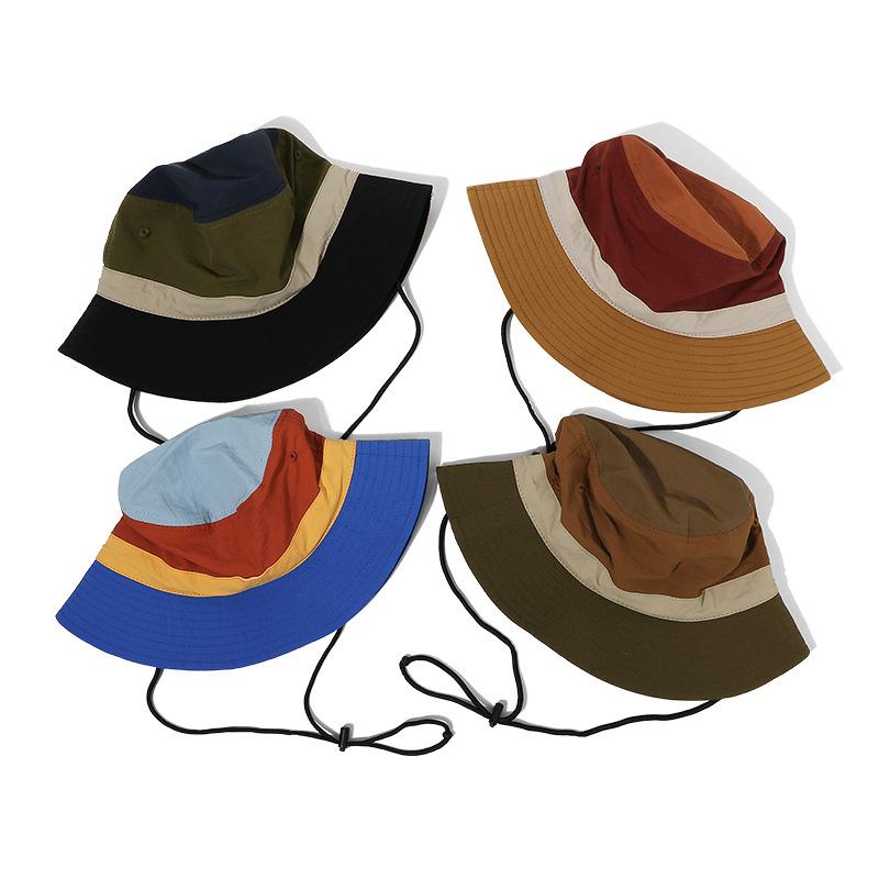 Japanese Style Quick Dry Color Block Bucket Hat Men Women Outdoor Breathable UV Protection Adjustable Drawstring Hiking Sun Hat
