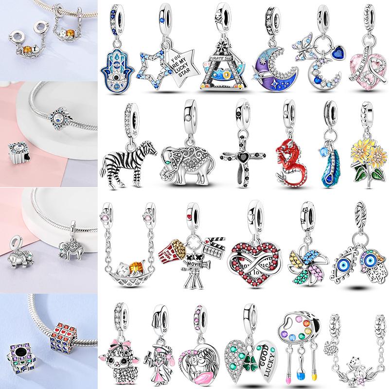 925  Silver Plated Elephant Sunflower Devil Eyes Christmas Tree Snowflake Charms for Women DIY Jewelry Anniversary Gifts