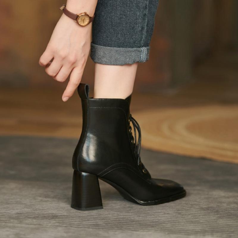 Fashion Autumn/Winter Women Boots Square Toe High Heel Shoes for Women Black Leather Boots Women Lace Up Handemade Shoes Botas De Mujer