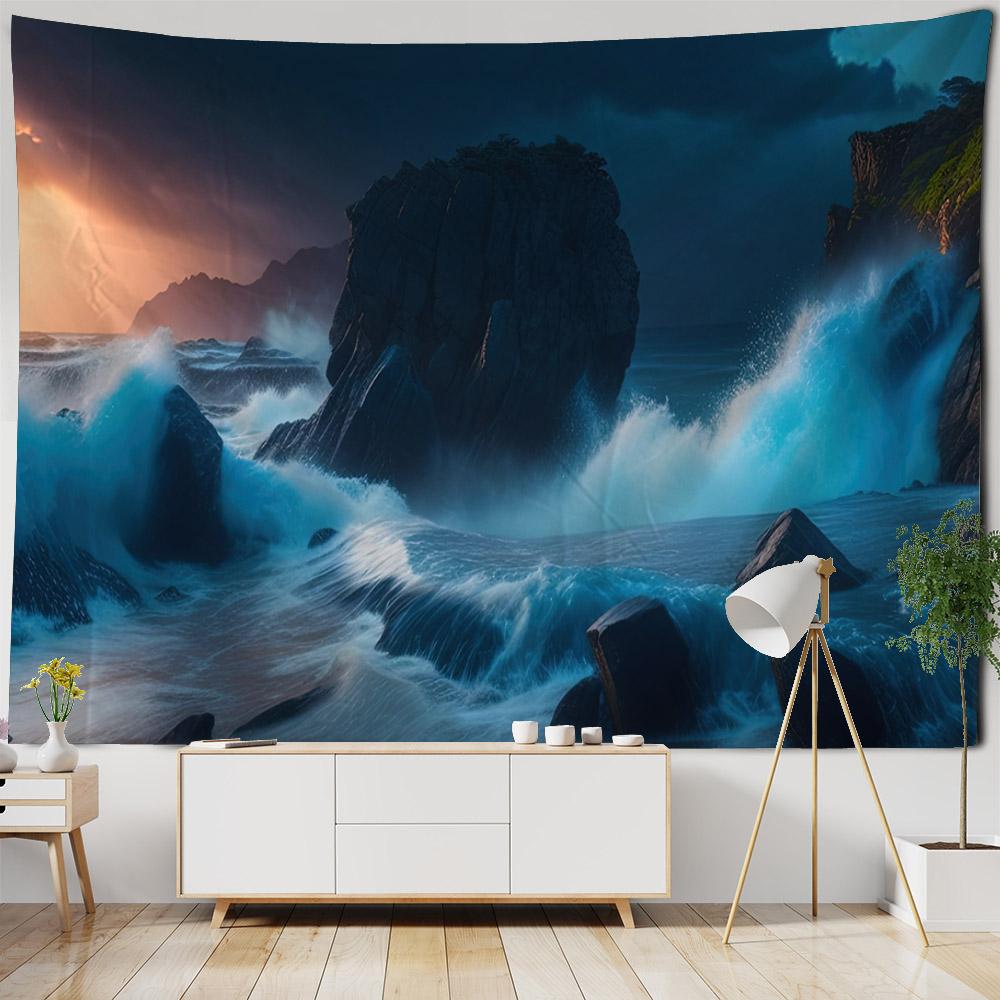 Sea Night Scene Tapestry Wall Hanging Psychedelic Hippie Decoration Background Wall Poster Living Room Home Art Decoration