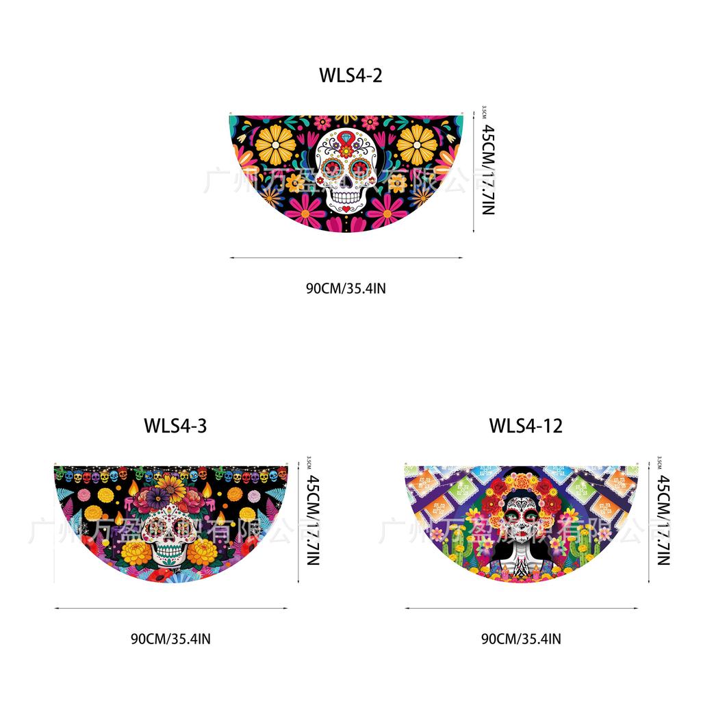 Watercolor Marigold Skeleton Day Of The Dead Fan Flag For Mexican Festival Party Decor