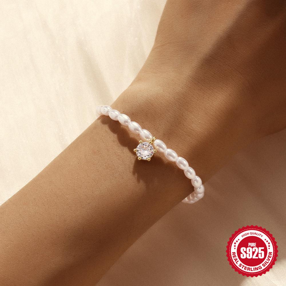 Stylish And Simple Style S925 Sterling Silver French Small Rice Grain Pearl Moon Snake Diamond Women'S Bracelet